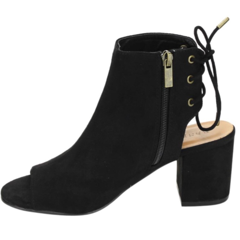 Ankle Open Back Lace Booties Peep Toe Black Suede